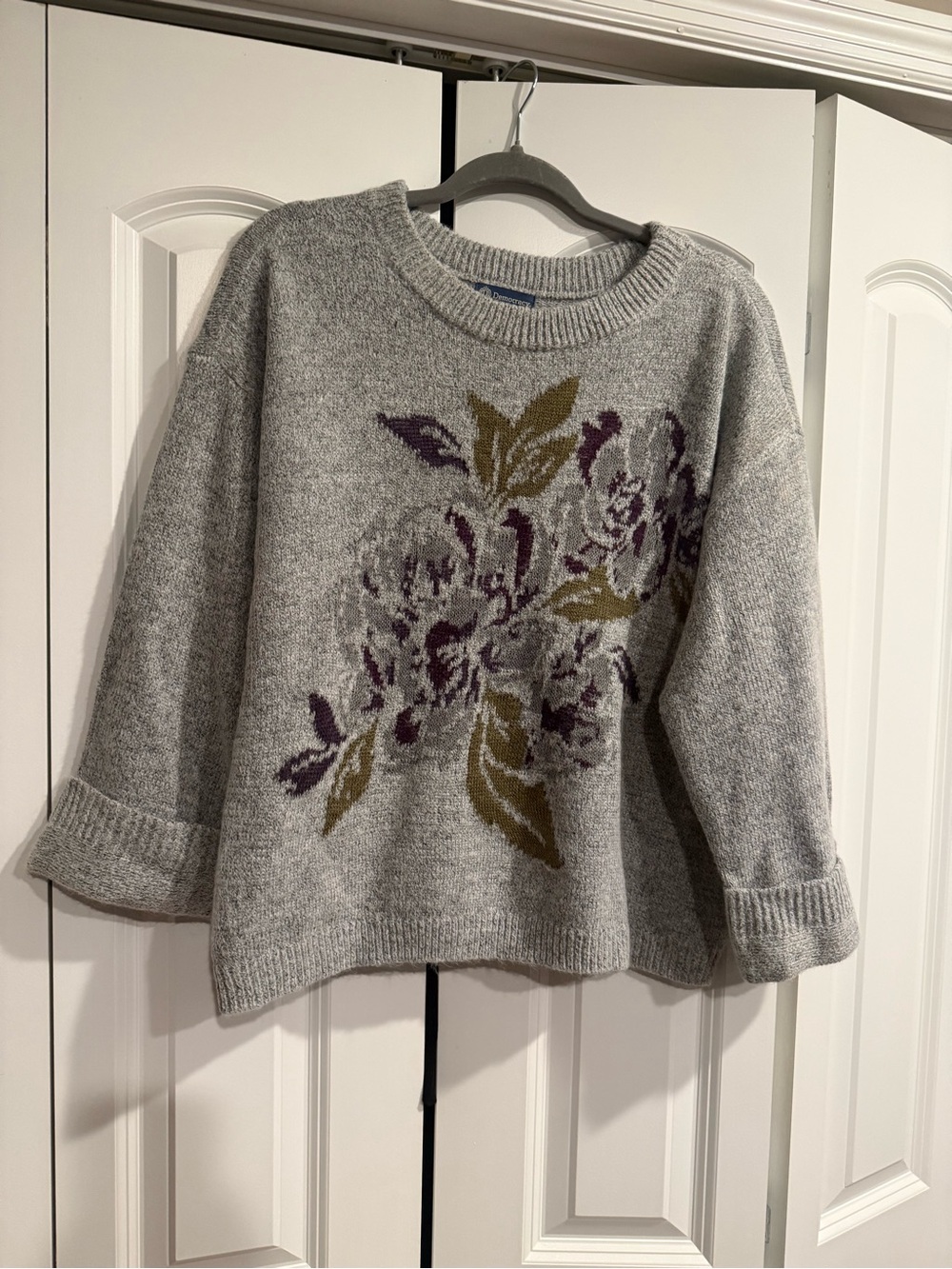 Democracy Cozy Floral Crewneck Sweater - Gray with Purple and Olive Accents